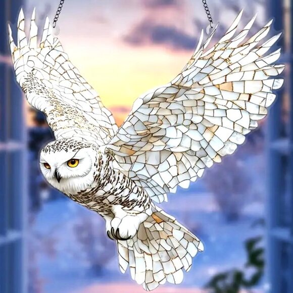 Suncatcher Owl Flying Hanging Window Decor White Garden Wildlife Majestic NEW - Picture 2 of 3